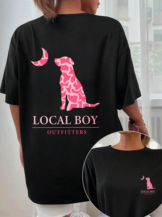 Women's Letter & Dog Print Round Neck Tee, Fashion Casual Crew Neck T-shirt for Daily Holiday Vacation Outdoor Wear, Ladies Clothes for Summer