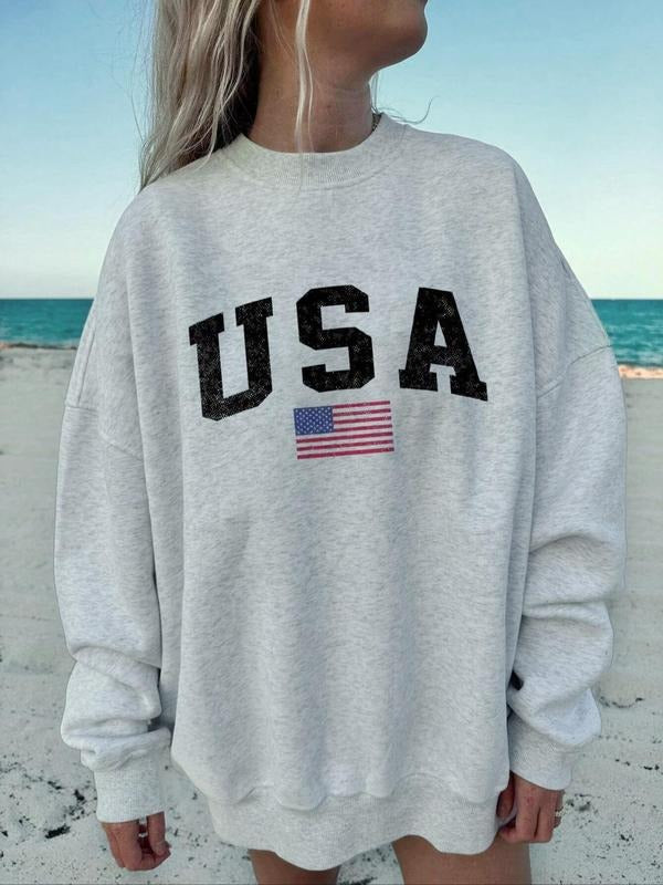 Women's Letter & Flag Print Drop Shoulder Sweatshirt, Casual Long Sleeve Round Neck Pullover for Fall & Winter, Ladies Clothes for Daily Wear
