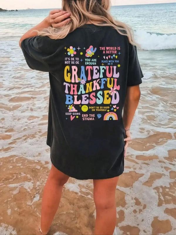 Women's Letter & Graphic Print Drop Shoulder Tee, Fashion Casual Round Neck Half Sleeve T-Shirt for Summer, Ladies Clothes for Daily Wear