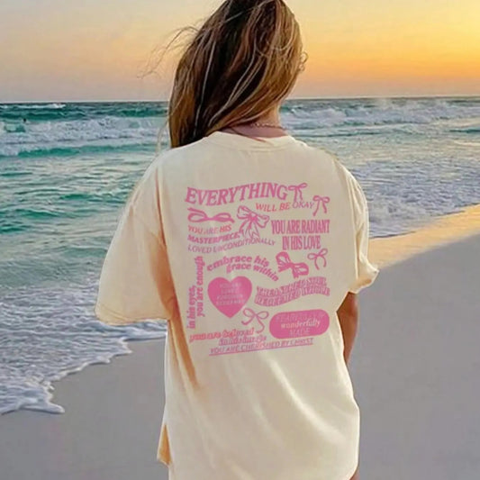 Women's Letter & Heart Graphic Print Round Neck Tee, Fashion Casual Drop Shoulder Short Sleeve T-shirt, Ladies Summer Clothes for Daily Wear