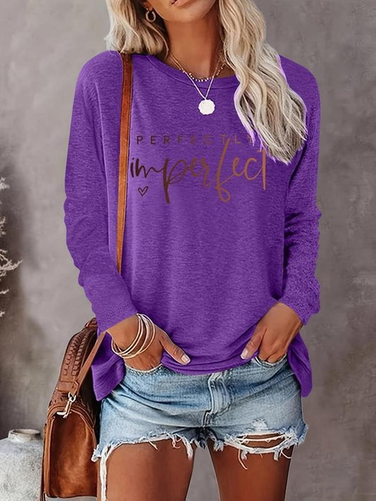 Women's Letter & Heart Print Round Neck Tee, Casual Long Sleeve Crew Neck T-shirt for Fall & Winter, Women's Top for Daily Wear