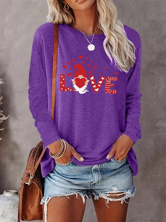 Women's Letter & Heart Print Round Neck Tee, Casual Long Sleeve Crew Neck T-shirt for Fall & Winter, Women's Top for Daily Wearstyle{n002}2