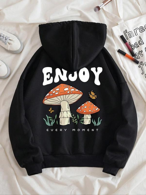 Women's Letter & Mushroom Print Long Sleeve Zip Up Hoodie, Fashion Casual Comfort Drawstring Pocket Hooded Pullover for Daily Holiday Outdoor Wear, Lady Clothes for Fall Winter, Womenswear