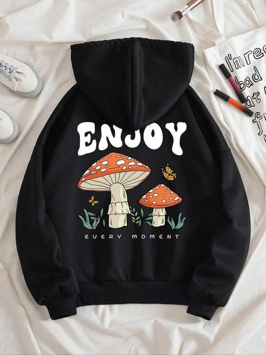 Women's Letter & Mushroom Print Long Sleeve Zip Up Hoodie, Fashion Casual Comfort Drawstring Pocket Hooded Pullover for Daily Holiday Outdoor Wear, Lady Clothes for Fall Winter, Womenswear