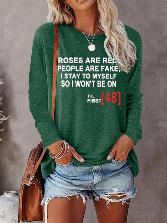 Women's Letter & Number Print Round Neck Tee, Casual Long Sleeve Crew Neck Top for Fall & Winter, Women's Top for Daily Wear