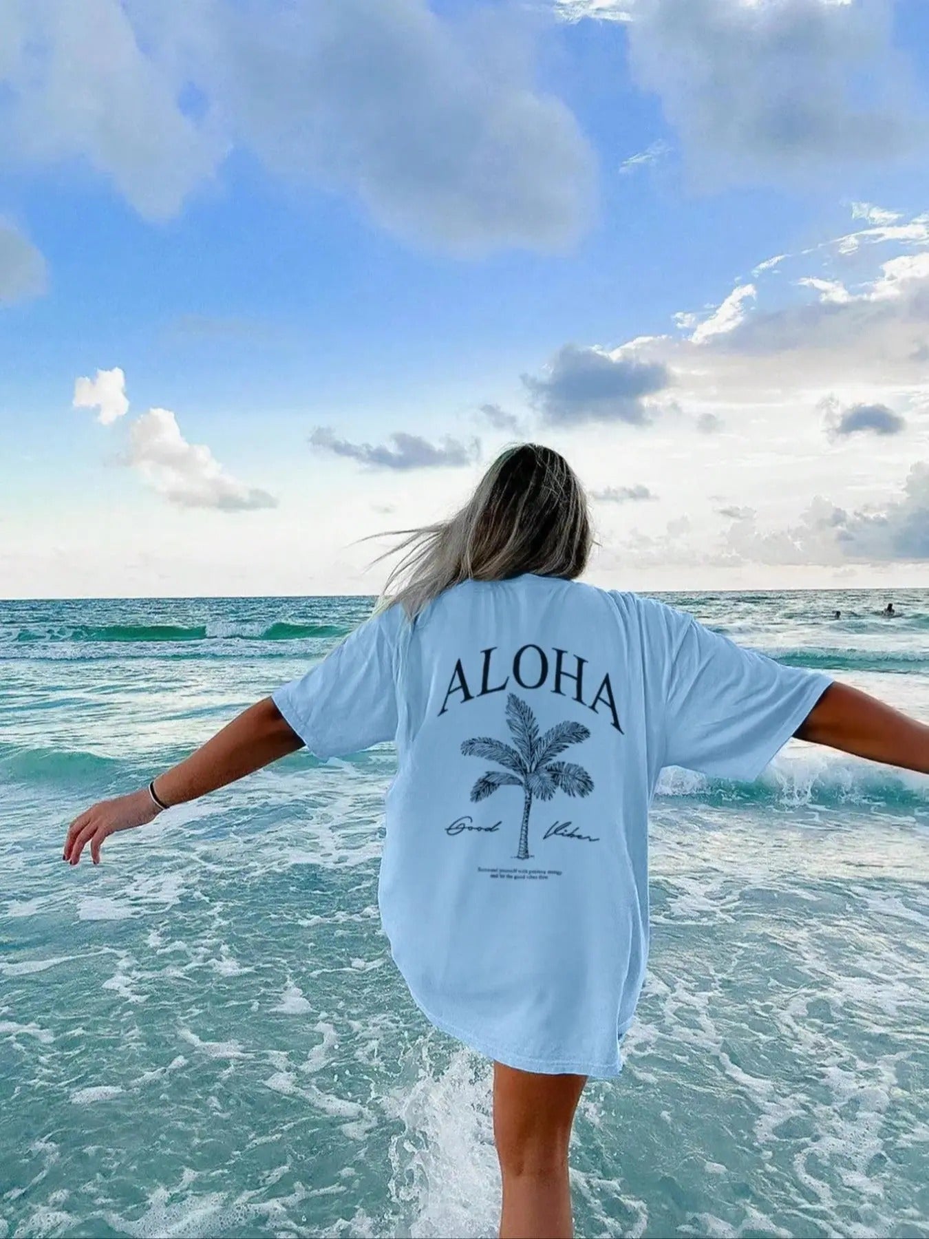 Women's Letter & Palm Tree Print Drop Shoulder Tee, Casual Half Sleeve Round Neck T-Shirt for Summer, Ladies Clothes for Beach Vacation