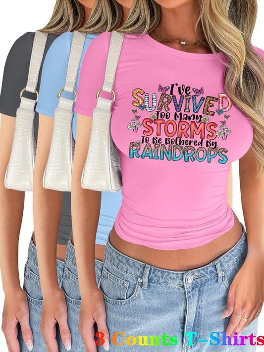 Women's Letter & Plants Print Short Sleeve Tee, Casual Round Neck T-shirt for Summer, Ladies Clothes for Daily Wear, Top