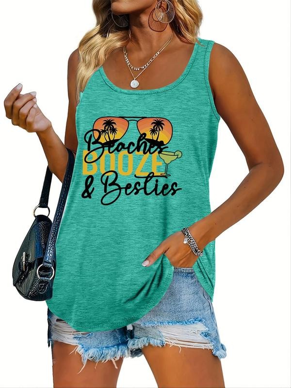 Women's Letter & Sunglasses Print Round Neck Tank Top, Fashion Crew Neck Sleeveless Top, Ladies Clothes for Summer