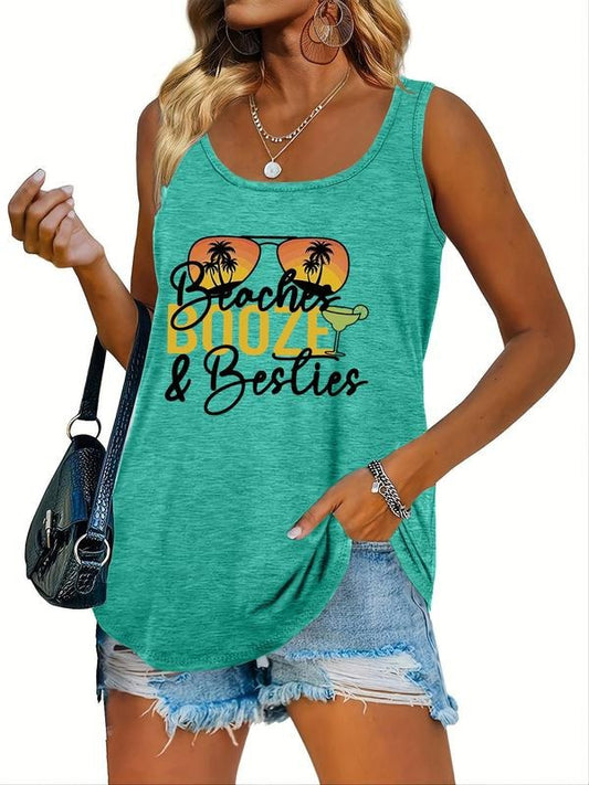 Women's Letter & Sunglasses Print Round Neck Tank Top, Fashion Crew Neck Sleeveless Top, Ladies Clothes for Summer