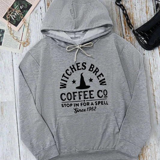 Women's Letter & Witch Hat Print Drawstring Pocket Hoodie, Casual Long Sleeve Hooded Sweatshirt for Fall & Winter, Women's Clothes for Daily Wear