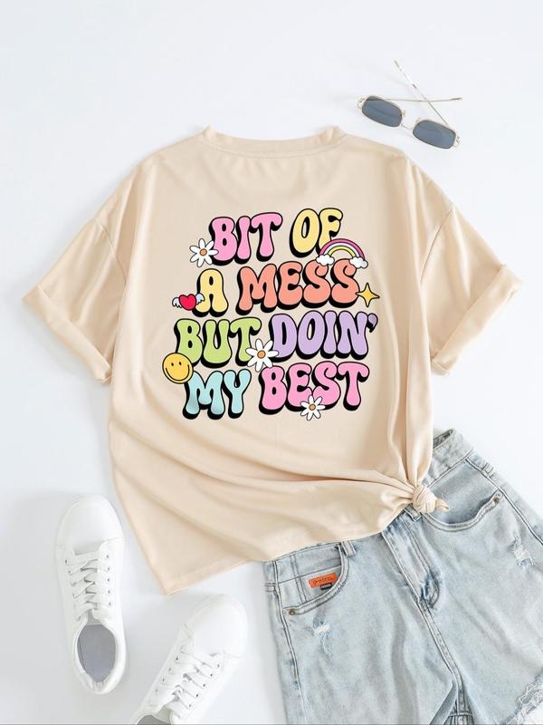 Women's Letter Graphic Drop Shoulder Tee, Summer Clothes Women, Casual Short Sleeve T-Shirt, Women Tops for Summer