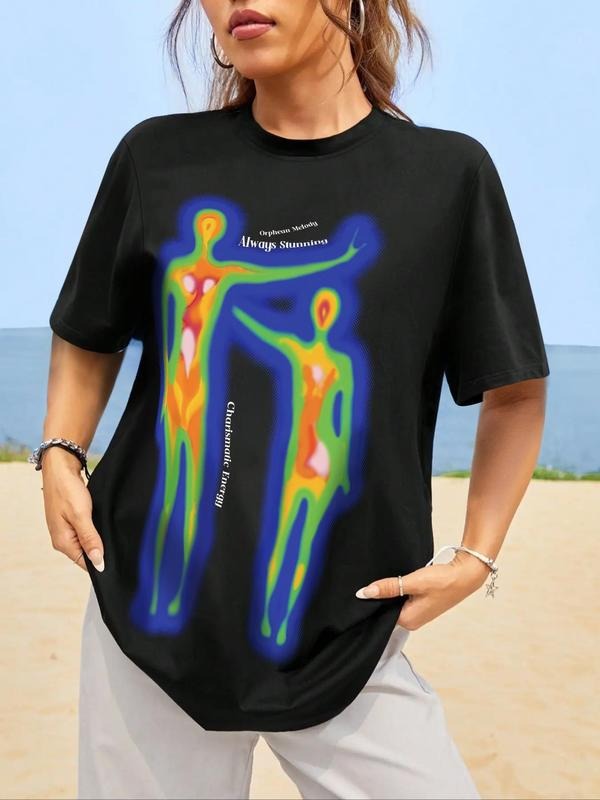 Women's Letter Graphic Round Neck Drop Shoulder Tee, Summer Clothes Women, Printed Half Sleeve T-shirt for Summer, Women's Top for Daily Wear