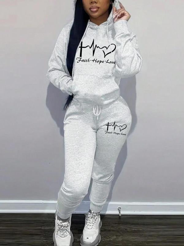 Women's Letter Heart Print Drop Shoulder Thermal Lined Sweatshirt & Drawstring Waist Sweatpants Two-piece Set, Casual Fashion Two Piece Outfits for Daily Wear, Ladies Fall & Winter Clothes