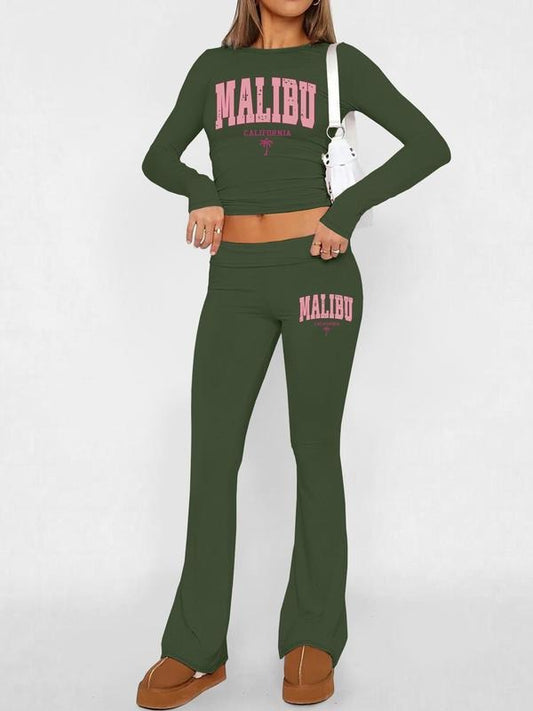Women's Letter Print Crop Tee & Flare Leg Pants Set, Casual Fashion Cozy Two-piece Outfits for Daily Outdoor Wear, Women Clothes for Fall
