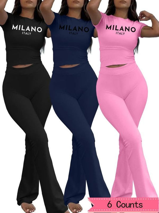 Women's Letter Print Crop Tee & Flare Leg Pants Set, Ladies Summer Clothes