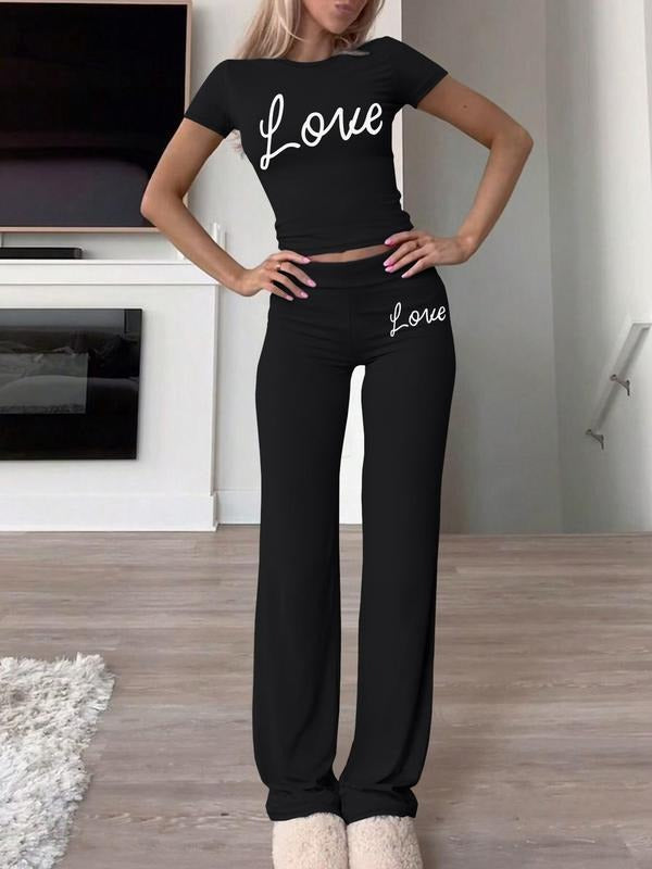 Women's Letter Print Crop Tee & Pants Two-piece Set, Casual Fashion Cozy Round Neck Short Sleeve Top & Trousers for Daily Outdoor Wear, Women's Clothing for Fall & Winter