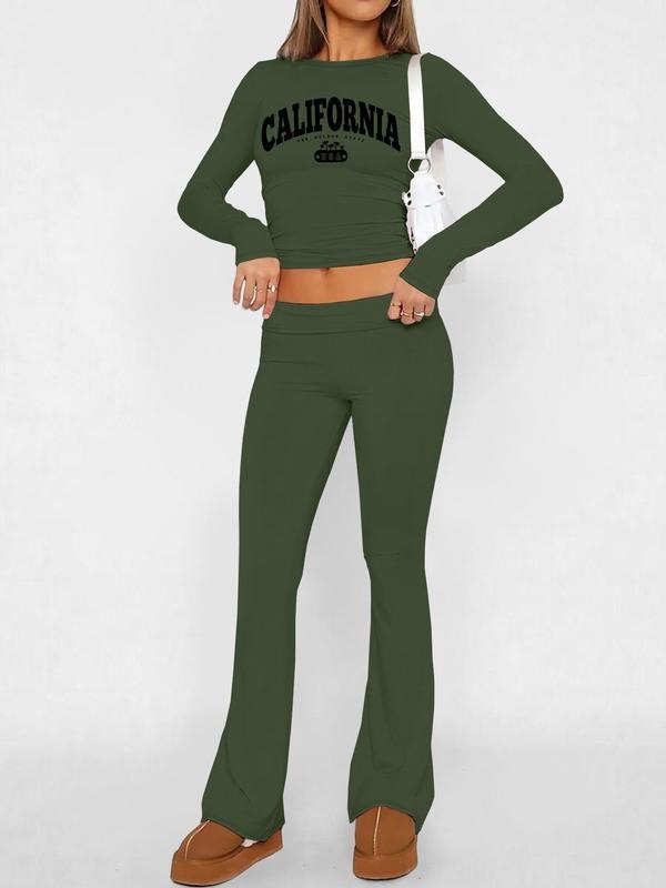 Women's Letter Print Crop Tee & Plain Elastic Waist Flare Leg Pants Two-piece Set, Casual Round Neck Long Sleeve Top & Bell Bottom Trousers for Daily Wear, Ladies Fall & Winter Clothes