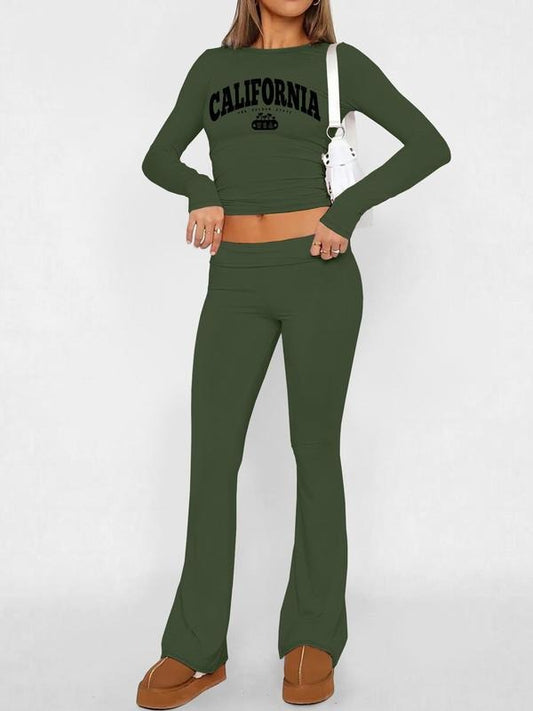 Women's Letter Print Crop Tee & Plain Elastic Waist Flare Leg Pants Two-piece Set, Casual Round Neck Long Sleeve Top & Bell Bottom Trousers for Daily Wear, Ladies Fall & Winter Clothes