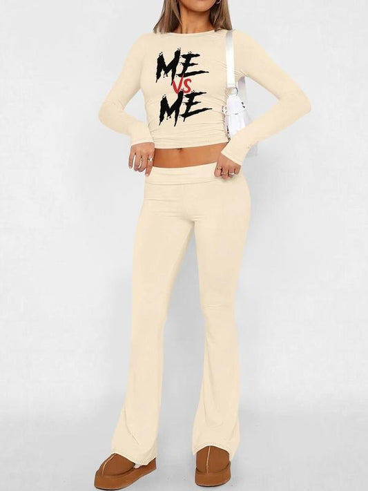 Women's Letter Print Crop Top & Flare Leg Pants Set, Casual Fashion Cozy Two-piece Outfits for Daily Outdoor Wear, Women Clothes for   Fall & Winter