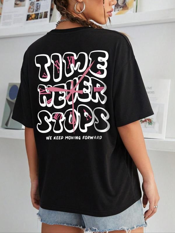 Women's Letter Print Drop Shoulder Tee, Fashion Casual Round Neck Half Sleeve T-shirt for Daily Wear, Ladies Summer Clothes