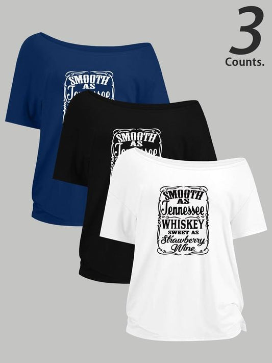 Women's Letter Print One Shoulder Tee, Casual Raglan Sleeve T-shirt for Daily Wear, Ladies Clothes for All Seasons, Top