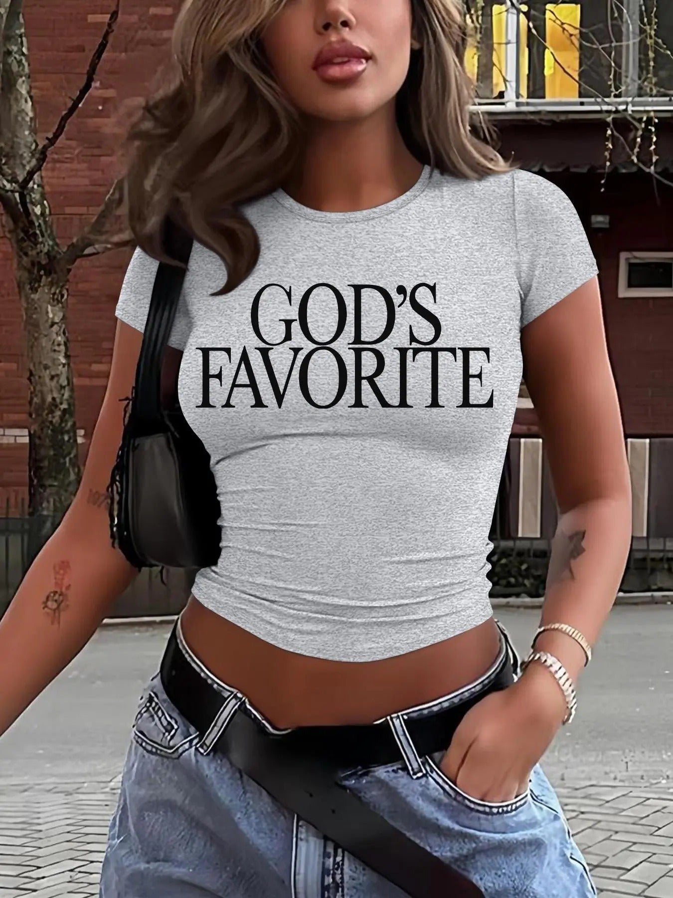 Women's Letter Print Round Neck Crop Tee, Casual Short Sleeve Crew Neck T-shirt for Daily Wear, Ladies Clothes for All Seasonsstyle{n002}3