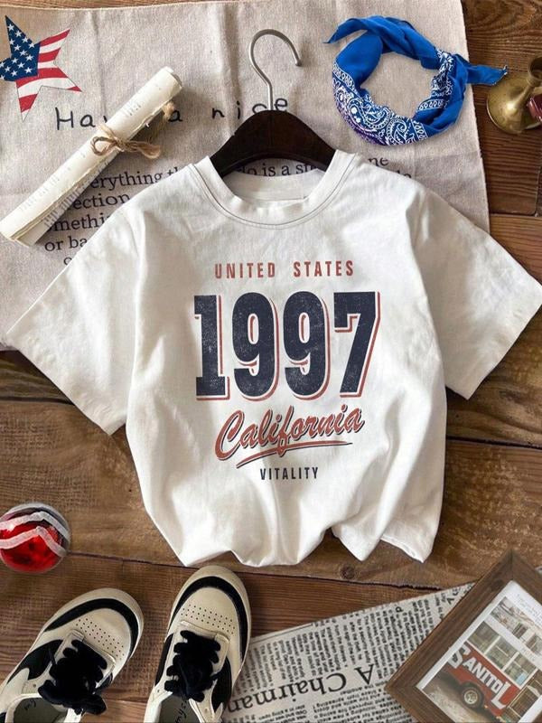 Women's Letter Print Round Neck Graphic Tee, Vintage Trendy Casual Drop Shoulder Short Sleeve T-shirt for Daily Wear, Ladies Summer Outfitstyle{n002}2