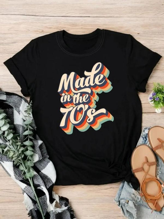 Women's Letter Print Round Neck Graphic Tee, Vintage Trendy Casual Short Sleeve T-shirt For Daily Wear, Ladies All Seasons Outfitstyle{n002}17