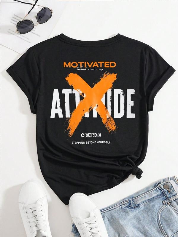 Women's Letter Print Round Neck Graphic Tee, Vintage Trendy Casual Short Sleeve T-shirt for Daily Wear, Ladies All Seasons Outfitstyle{n002}18