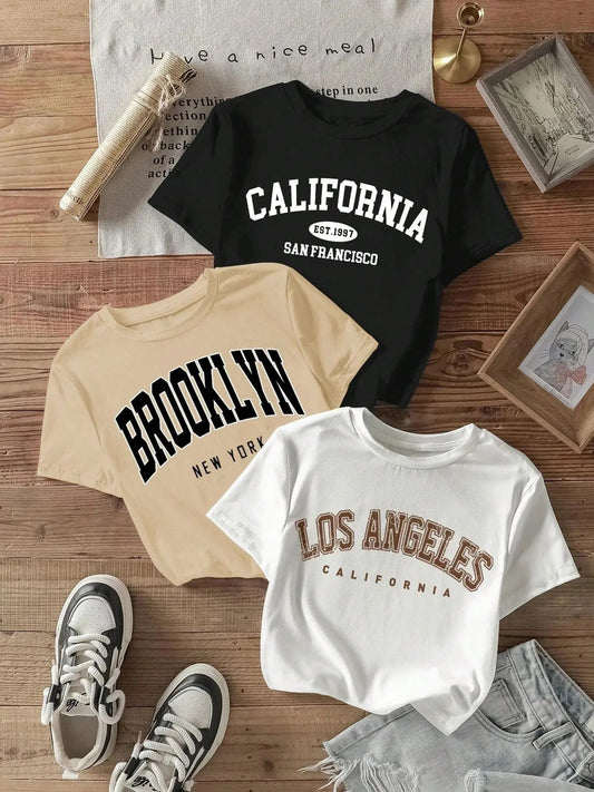 Women's Letter Print Round Neck Graphic Tee, Vintage Trendy Casual Short Sleeve T-shirt for Daily Wear, Ladies Summer Wear