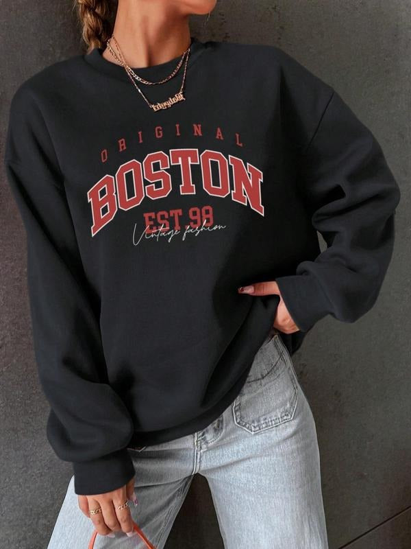 Women's Letter Print Round Neck Sweatshirt Without Necklace, Casual Fashion Drop Shoulder Long Sleeve Pullover for Daily Wear, Ladies Fall & Winter Clothes