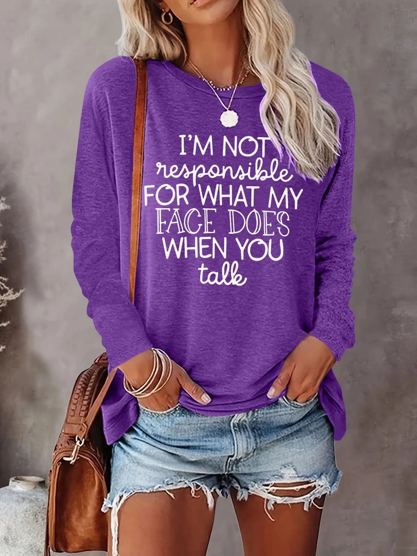 Women's Letter Print Round Neck Tee, Casual Long Sleeve Crew Neck Pullover for Fall & Winter, Women's Top for Daily Wear