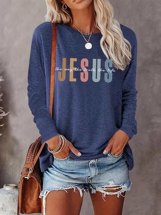 Women's Letter Print Round Neck Tee, Casual Long Sleeve Crew Neck T-shirt for Fall & Winter, Women's Top for Daily Wearstyle{n002}5