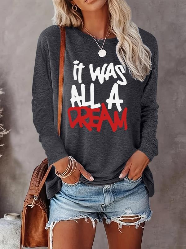 Women's Letter Print Round Neck Tee, Casual Long Sleeve Crew Neck Tops for Fall & Winter, Women's Clothes for Daily Wearstyle{n002}2