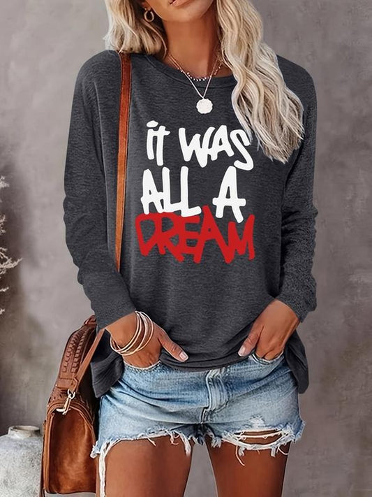 Women's Letter Print Round Neck Tee, Casual Long Sleeve Crew Neck Tops for Fall & Winter, Women's Clothes for Daily Wearstyle{n002}2