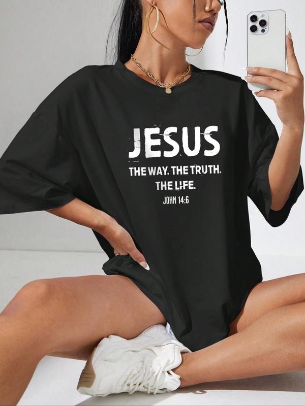 Women's Letter Print Round Neck Tee, Fashion Casual Crew Neck Short Sleeve T-Shirt for Summer, Women's Top for Daily Outdoor Wear