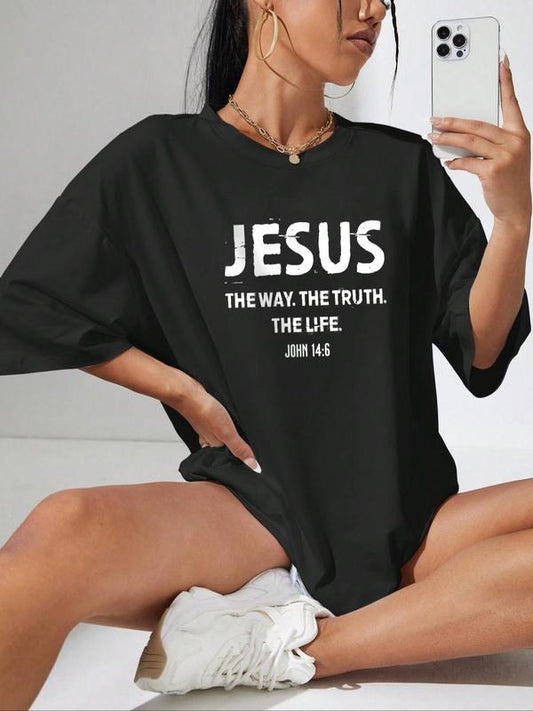 Women's Letter Print Round Neck Tee, Fashion Casual Crew Neck Short Sleeve T-Shirt for Summer, Women's Top for Daily Outdoor Wear