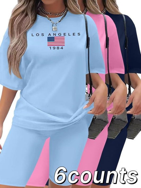 Women's Letter Print Short Sleeve Tee & Skinny Shorts Set, Casual Round Neck T-shirt & Short Leggings, Ladies Clothes for Daily Wear, Suits