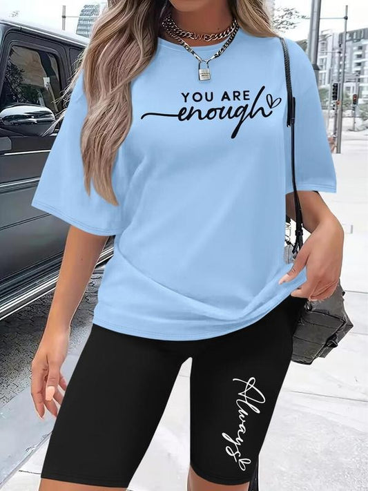 Women's Letter Print Short Sleeve Tee & Skinny Shorts Two-Piece Set, Casual Round Neck T-Shirt & Shorts, Ladies Clothes for Daily Wear