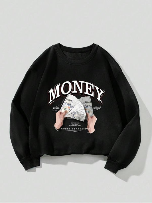 Women's Money Graphic Drop Shoulder Sweatshirt, Round Neck Long Sleeve Pullover, Casual Crew Neck Top for Fall Winter