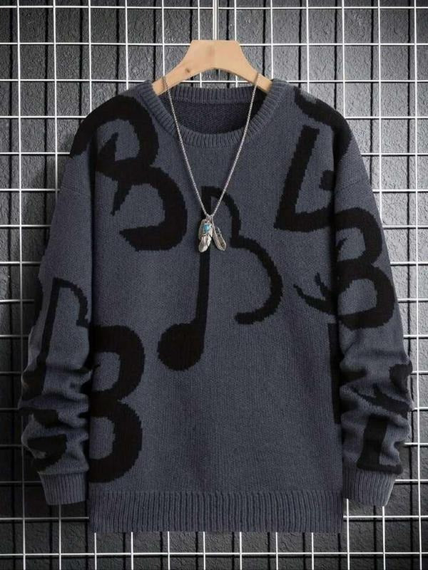 Women's Music Note Print Drop Shoulder Sweater, Casual Long Sleeve Round Neck Jumper for Fall & Winter, Fashion Ladies' Knitwear for Daily Wear