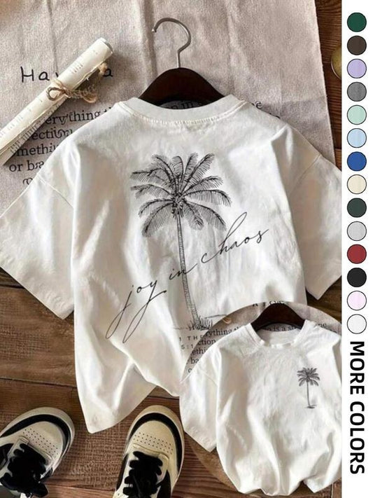 Women's Palm Tree Print Round Neck Tee, Casual Letter Graphic Short Sleeve T-shirt for Summer, Ladies Clothes for Daily Wear, Top