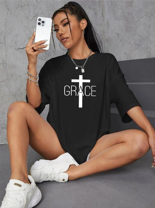 Women's Personalized Letter Print Round Neck Tee, Casual Short Sleeve Crew Neck T-Shirt for Summer, Women's Top for Daily Wear