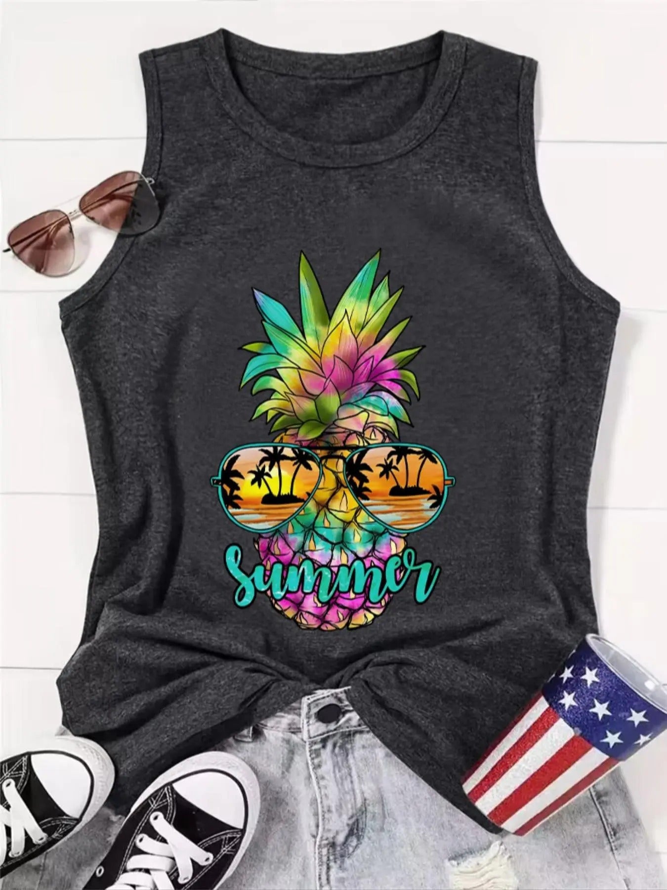 Women's Pineapple Print Round Neck Tank Top, Casual Sleeveless Crew Neck Top for Summer, Ladies Clothes for Daily Wear, Vest