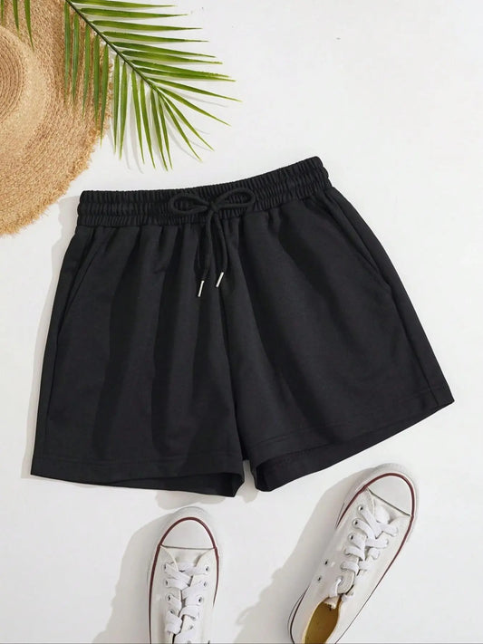Women's Plain Drawstring Waist Shorts, Casual Pocket Straight Leg Shorts for Summer, Fashion Women's Bottoms for Daily Wear