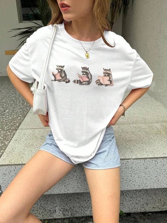 Women's Racoon Print Round Neck Tee, Casual Short Sleeve Crew Neck T-shirt for Spring & Fall, Fashion Women's Top for Daily Wear