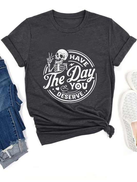 Women's Skeleton & Letter Print Round Neck Graphic Tee, Vintage Trendy Casual Short Sleeve T-shirt for Daily Wear, Ladies Summer Outfit