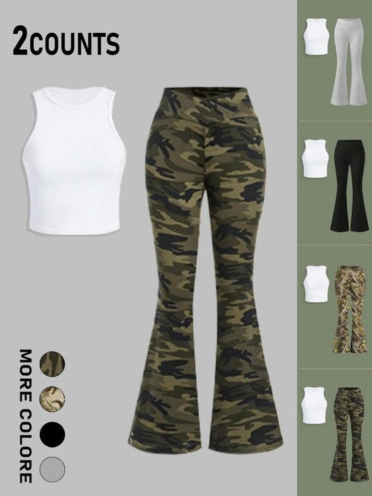 Women's Solid Camo Print Tank Top & Flare Leg Pants Set, Casual Sleeveless Top & Bell Bottom Trousers for Summer, Ladies Clothes for Daily Wear, Suits