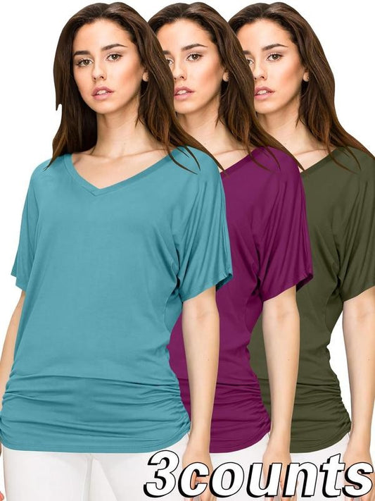 Women's Solid Color Batwing Sleeve Tee, Casual V Neck Short Sleeve T-Shirt for Daily Wear, Ladies Clothes for All Seasons, Top