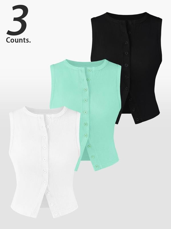 Women's Solid Color Button Vest, Casual Sleeveless Round Neck Knit Top for Daily Wear, Ladies Clothes for All Seasons